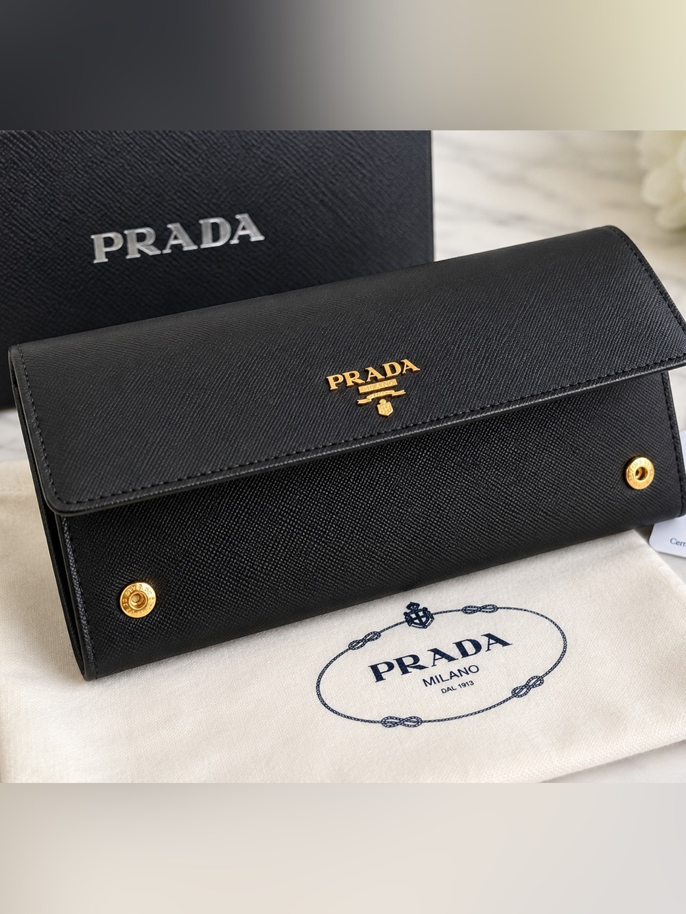 Prada Saffiano Leather Continental Flap Wallet Black Gold Hardware
